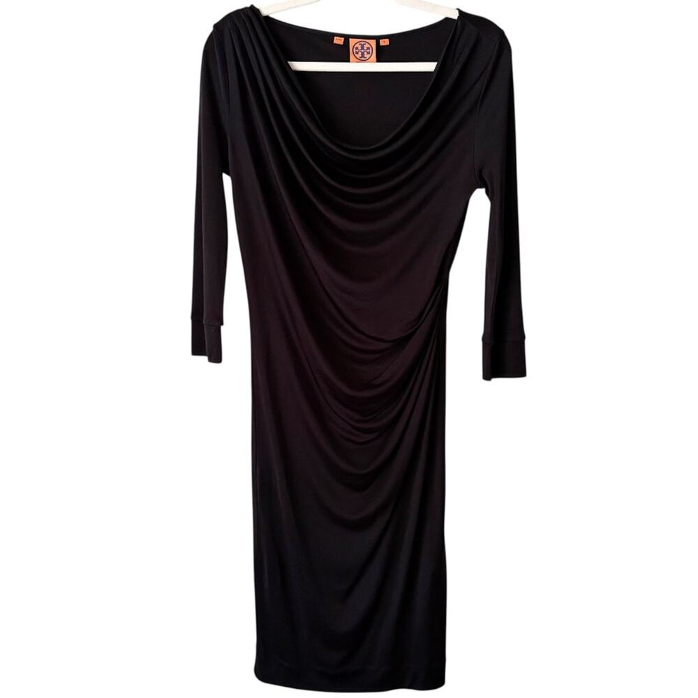 Tory Burch | 100% Silk Draped Cowl Neck Knee Length Ruched Dress Black Small